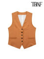 TRAF Women Fashion Front Button Linen Waistcoat Vintage V Neck Sleeveless Female Outerwear Chic Vest Tops. 