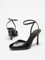 Chic Square-Toe Leather Peep-Toe Slingback Stiletto Heels, Stylish Fashion Footwear.