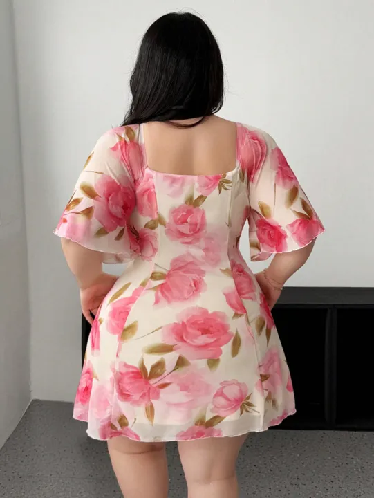 Plus%20Size%20Romantic%20Floral%20Pink%20Yellow%20Ruffle%20Sleeve%20Dress%20Short%20Sleeve%20V%20Neck%20Waistband%20Fitted%20Tiered%20-%20Image%202