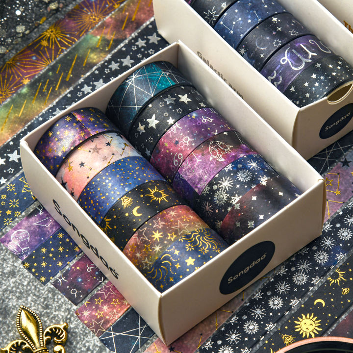 6 rolls of starry sky bronzing pattern washi tape, constellation pattern tape and  wrapping decoration, s for friends