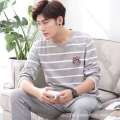 2 Sets of Men Pajamas Set of Long-Sleeved Long Trousers Students Sleepwear Homewear Cartoon O-Neck Striped Nightwear Loungewear.