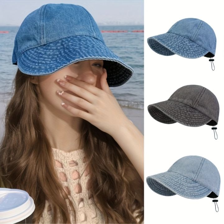 1× Summer Sun Cowboy Hat Foldable Wide Brim Women Hiking Bucket Hat Outdoor UV Protection Adjustable Beach Panama Ponytail Cap