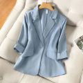 Blue Solid Casual Turn-Down Collar Single Button Three Quarter Sleeve Women's Jacket Suit Blazer Short Jackets Coat 2024 Fashion. 