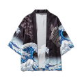 Men and Women's Japanese Kimono, Wave Carp, 3D Print Pattern Coat, Green Traditional Haori Cardigan, Japan Black Beach Clothing. 