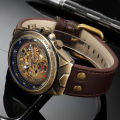 Bronze Retro Skeleton Automatic Mechanical Watch for Men Luminous Hand Brown Genuine Leather Belt Luxury Brand Steampunk Watches. 