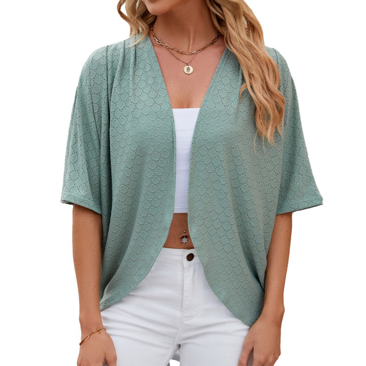 2024%20New%20Spring%20Summer%20Fashion%20Ladies%20Hollow%20Out%20Cardigan%20Solid%20Color%20Circle%20Short-Sleeved%20Casual%20Loose%20Top%20Women%20Outwear%20-%20Image%203