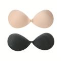 Women Invisible Push Up Bra, Bust Front Closure Sticky Bra, Backless Strapless Bra, 2PCS, Black and Khaki.