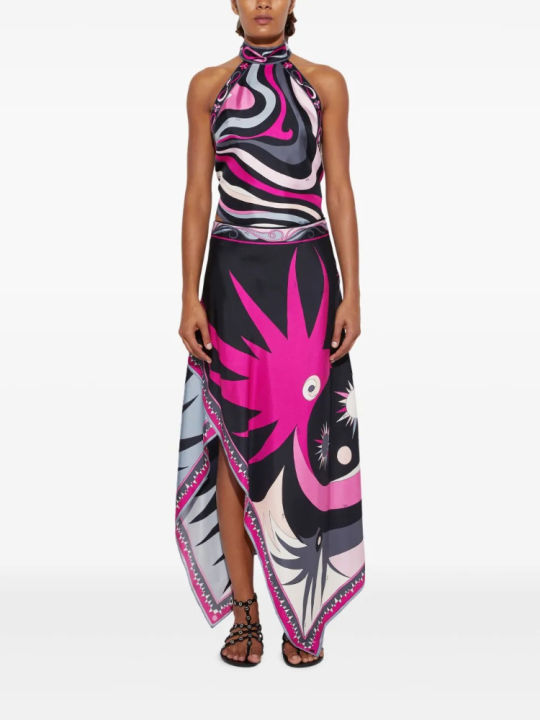 Summer Fashion New Women's Elegant Satin Skirt Two Piece Set Printed Hanging Neck Top Irregular Half Body Skirt Two Piece Set