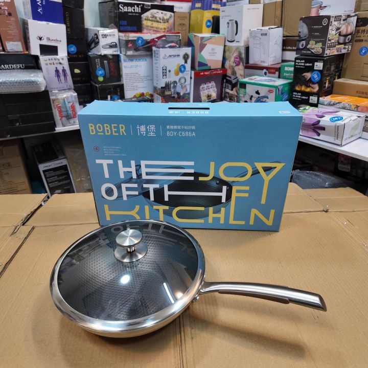 New Laser crafted Honeycomb 30cm pan for safe and healthy cooking.stainless steel body.non stick ceramic pan.un breakable and heat-up function.(black)