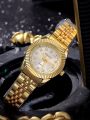 1 PCs Fashion Gold Steel Band Women's Quartz Watch. 