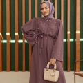 Masarati Plain Long Abaya With Puff Long Sleeves, Pearl Design And Belt. 