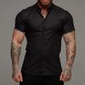 Men's Summer 2024 Solid Color Business Professional Dress Shirt Floral Cuffs Basic Short Sleeves Black And White Optional. 