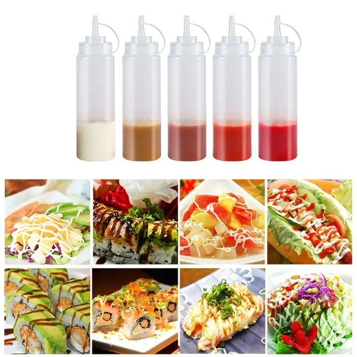 240/360/450/500/680ml Squeeze Condiment Bottles with On Cap Lids Ketchup Mustard Sauces Olive Oil Bottles Kitchen Accessories