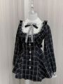 Japanese Kakaii Sweet Lace Patchwork Plaid Dress Women Fairy Grunge Ruffled Long Sleeve Dresses Y2k Aesthetic JK Lolita Vestidos.