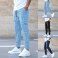 2024 New Fashion Men Pants Mid Waist Slims Fit Male Sweatpants Plaid Checkered Side Stripe Trousers Summer Work Casual Pants. 