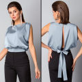 New Summer Clothes Women Solid  Backless Lace Up Bow Satin Top Sleeveless Back Hollow Out Round Neck Elegant Shirt. 
