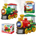 Electric Steam Train Toy, Crash Truck with Steam Locomotive, Smoke, Lights and Sounds, 360 Degree Rotating Christmas Train Truck. 