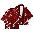 Summer Asian Traditional Costume Men Crane Printed Japanese Kimono Cardigan Harajuku Yukata Dark Style Black Haori Shirt Jacket. 