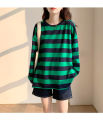 Tzy new long-sleeved T-shirt. cute striped design, comfortable to wear, soft texture, fashion clothes, black/green, black, round neck design.. 