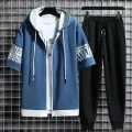 Set for Men Summer Men's Sports Suit 2-piece Print T-shirt Casual Hooded Quick Dry Running Long Pant Clothes Short Sleeve Shorts. 
