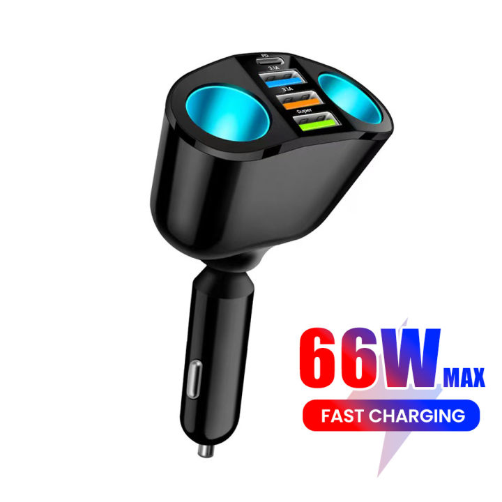 66W Fast Charging Car Charger QC3.0 Cigarette Multifunctional USB Type C Car Phone Charger For iphone