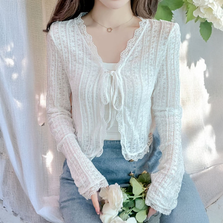 Sheer%20Lace%20Cardigan%20with%20Lace%20Trim%20Tie%20Front%20Long%20Sleeve%20Crop%20Top%20Women%20Textured%20Shrug%20Spring%20Summer%202026%20Shrunken%20Cardigan%20-%20Image%202