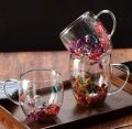 Best Quality Beautiful Double Wall Glass Flowers Particales Drink Mug, Heat Resistant Tea Cups, Coffee Mugs for Beverages Latte Milk, Various Designs sizes. 