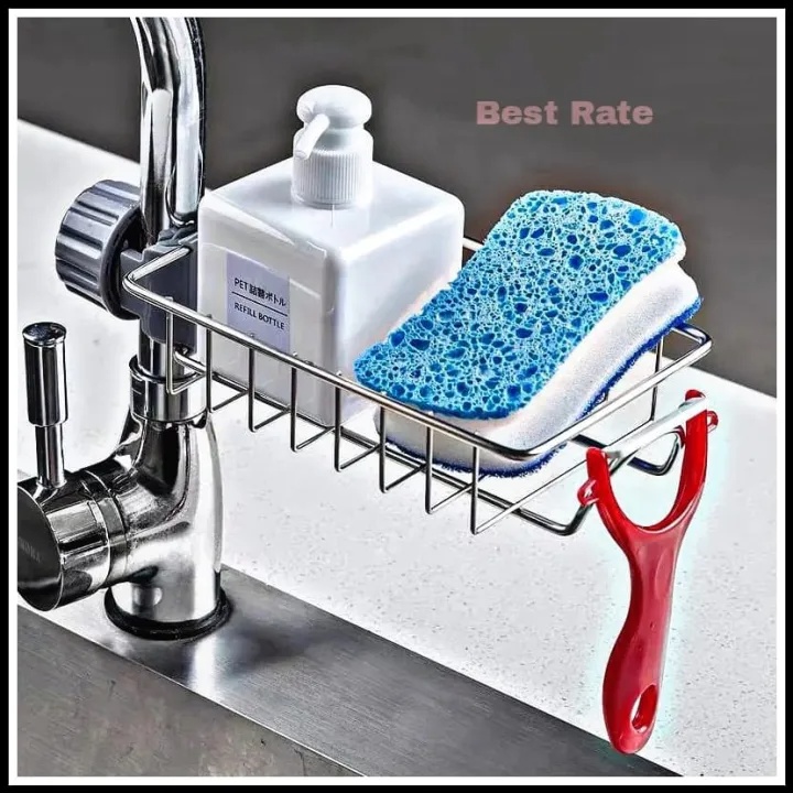 Stainless Steel Faucet Sponge Holder – Kitchen Sink Caddy for Dish Soap & Sponge Storage