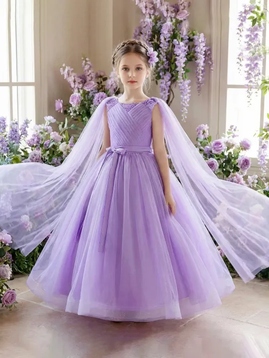 Elegant%20Purple%20Long%20Dress%20for%20Tween%20Girl,A%20Formal%20Gown%20Featuring%20Flowing%20Veil%20Belt%20Bow%20Decoration,Wedding,Birthday%20Party,Banquet%20-%20Image%203