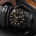 New 4PCS Leisure Business Three Eyes Roman Digital Calendar Pointer Canvas Strap Quartz Watch Luxury Leather Bracelet Set. 