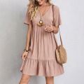 Summer Casual Women Elegant Short Sleeve V Neck Ruffles Dress Solid Loose Mini Dress Chic Bohemian Sundress Beach Party Vestidos.