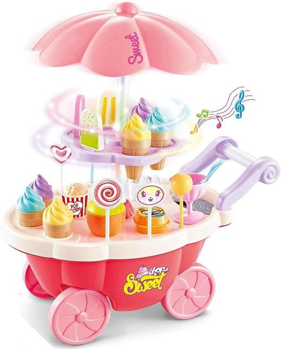 Luxury Sweet Shopping Battery Operated Plastic Ice Cream Trolley Pretend Role Play Educational Toy Set, LED, Music for Kids (Multicolour)