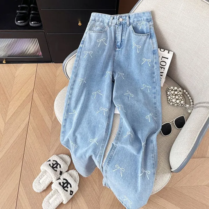 Zoki%20Fashion%20Bow%20Print%20Jeans%20Women%20High%20Waist%20Loose%20Sweet%20Casual%20Denim%20Pants%20Korean%20Chic%20All%20Match%20Female%20Fall%20Straight%20Pants%20-%20Image%202