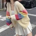Rainbow Striped Knitted Cardigan for Women Teen-girl Cozy Soft Mohair Button Front Sweater Jacket Winter Autumn Y2K Outfit. 