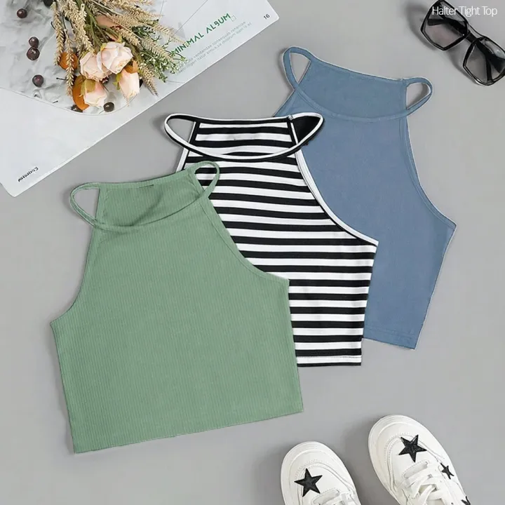 Halter Tight Top Trending Korean Tight Top Green And Blue Colour Casual Tees Unique Styling Crop Top Small Size Top