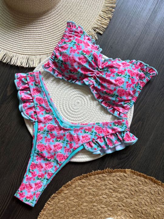 Flowers Printed Ruffled Frilled Bikini Women Swimwear Female Swimsuit Two-pieces Bikini set Bather Bathing Suit Swim