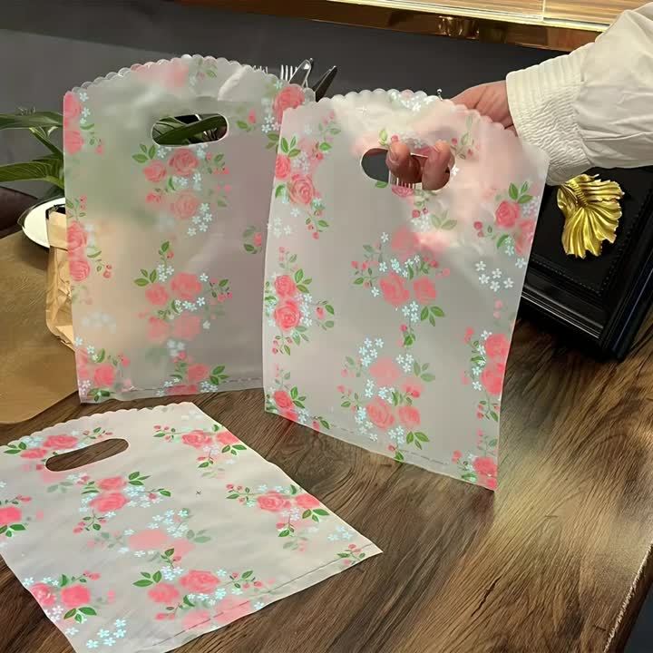 50pcsThanks Bag with Handle,Boutique Packaging Bag Souvenir Bag Plastic Floral Tote Bag,Birthday Party Wedding SouvenirBag