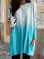 Fall/Winter New Fashionable Elegant Gradient Print Casual Crew Neck Pocket Plus Size Women's Long T-Shirt Top.