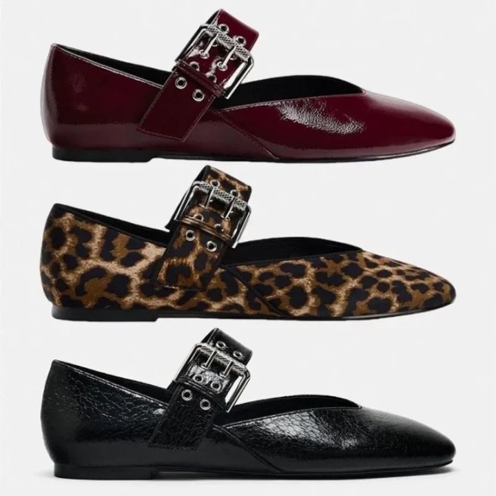 New Women Mouth Print Dress Ballerinas Flats Shoes Autumn Woman Leopard Retro Loafers Floral Leopard Mary Jane Shoes Female