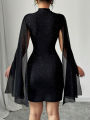 Women's Stand Collar Cape Mini Dress Sequins Sparkling Club Party Night Out Fitted Bodycon Elegant Autumn Winter.