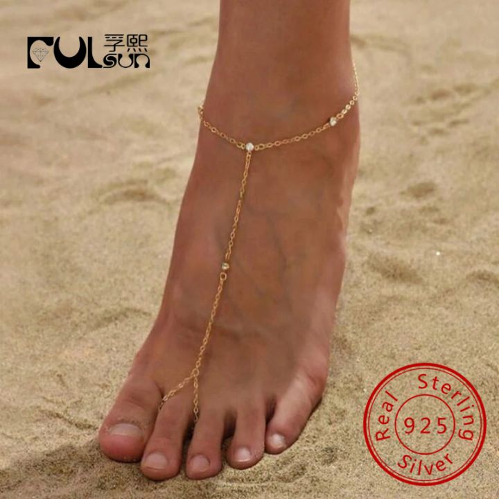 S925 Sterling Silver Simple Gold round Bead Zircon Toe Chain Fashion Individual Beach Ankle Bracelet