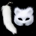 Therian Mask and Tail Set Halloween Cosplays Costume Accessorie Cats Mask Tail Half Face Faux Furs Foxes Tail Cats Mask. 