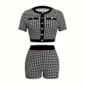 2 Piece Set Street Vintage Pleated Houndstooth Print For Women Short Sleeve Shirt Blouse and Shorts Suit INS Outfit Tracksuit. 