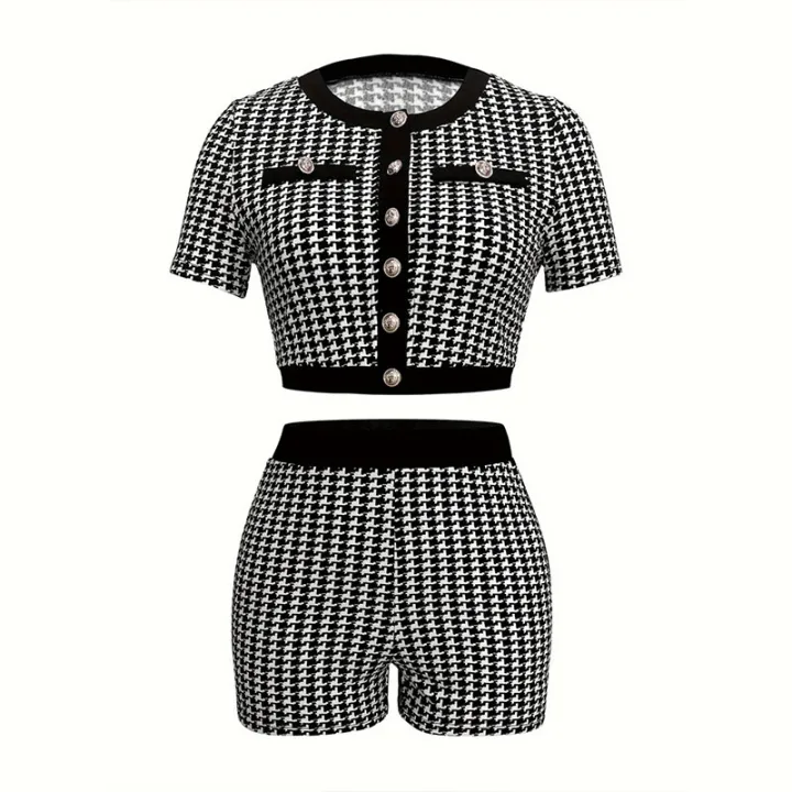 2%20Piece%20Set%20Street%20Vintage%20Pleated%20Houndstooth%20Print%20For%20Women%20Short%20Sleeve%20Shirt%20Blouse%20and%20Shorts%20Suit%20INS%20Outfit%20Tracksuit%20-%20Image%204