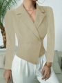 Tailored Double Breasted Blazer Top with Asymmetric Hem for Women Office Party. 