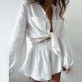 Cakulo 2025 Women's Summer 2-Piece Outfit Long Sleeve Button-Down Loose Blouse And Shorts Sweatsuit Set Casual Comfortable Style.