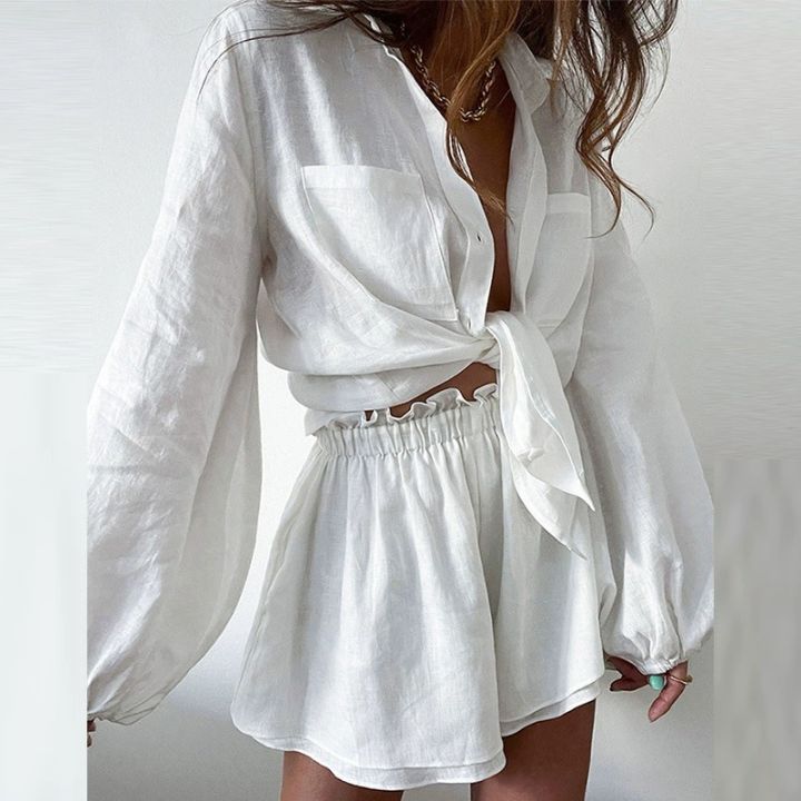 Cakulo%202025%20Women's%20Summer%202-Piece%20Outfit%20Long%20Sleeve%20Button-Down%20Loose%20Blouse%20And%20Shorts%20Sweatsuit%20Set%20Casual%20Comfortable%20Style%20-%20Image%204