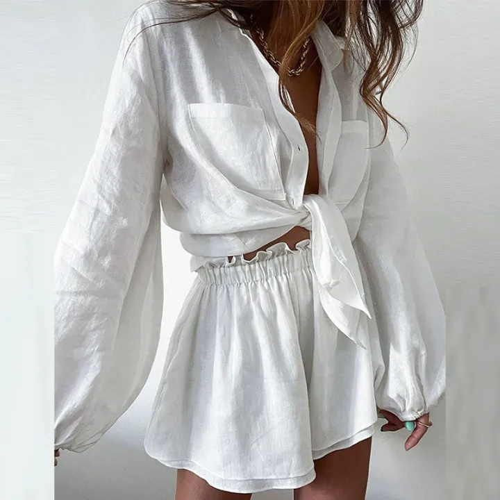 Cakulo%202025%20Women's%20Summer%202-Piece%20Outfit%20Long%20Sleeve%20Button-Down%20Loose%20Blouse%20And%20Shorts%20Sweatsuit%20Set%20Casual%20Comfortable%20Style%20-%20Image%204