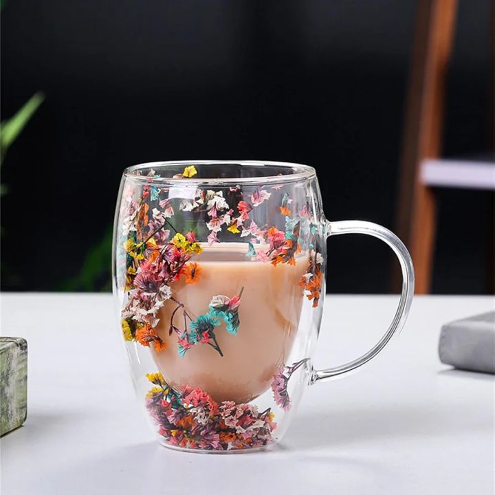 Best Quality Beautiful Double Wall Glass Flowers Particales Drink Mug, Heat Resistant Tea Cups, Coffee Mugs for Beverages Latte Milk, Various Designs sizes