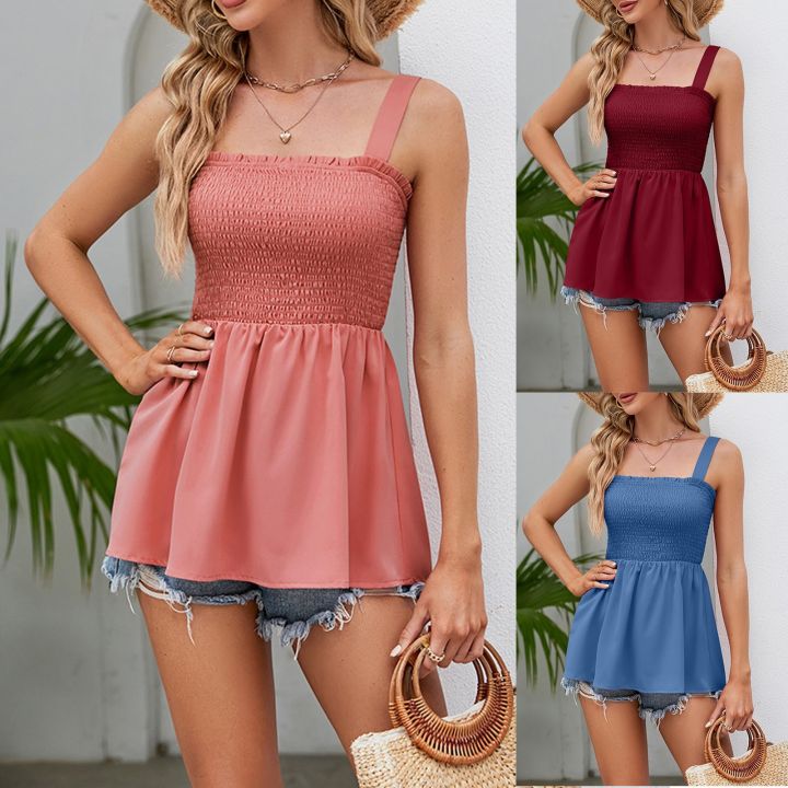 Female%20Summer%20Sleeveless%20Suspenders%20Pleated%20Ruffle%20Slim%20Tunic%20Casual%20A-line%20Tops%20Vest%20Solid%20Color%20Daily%20Outdoor%20Versatile%20Cloth%20-%20Image%206